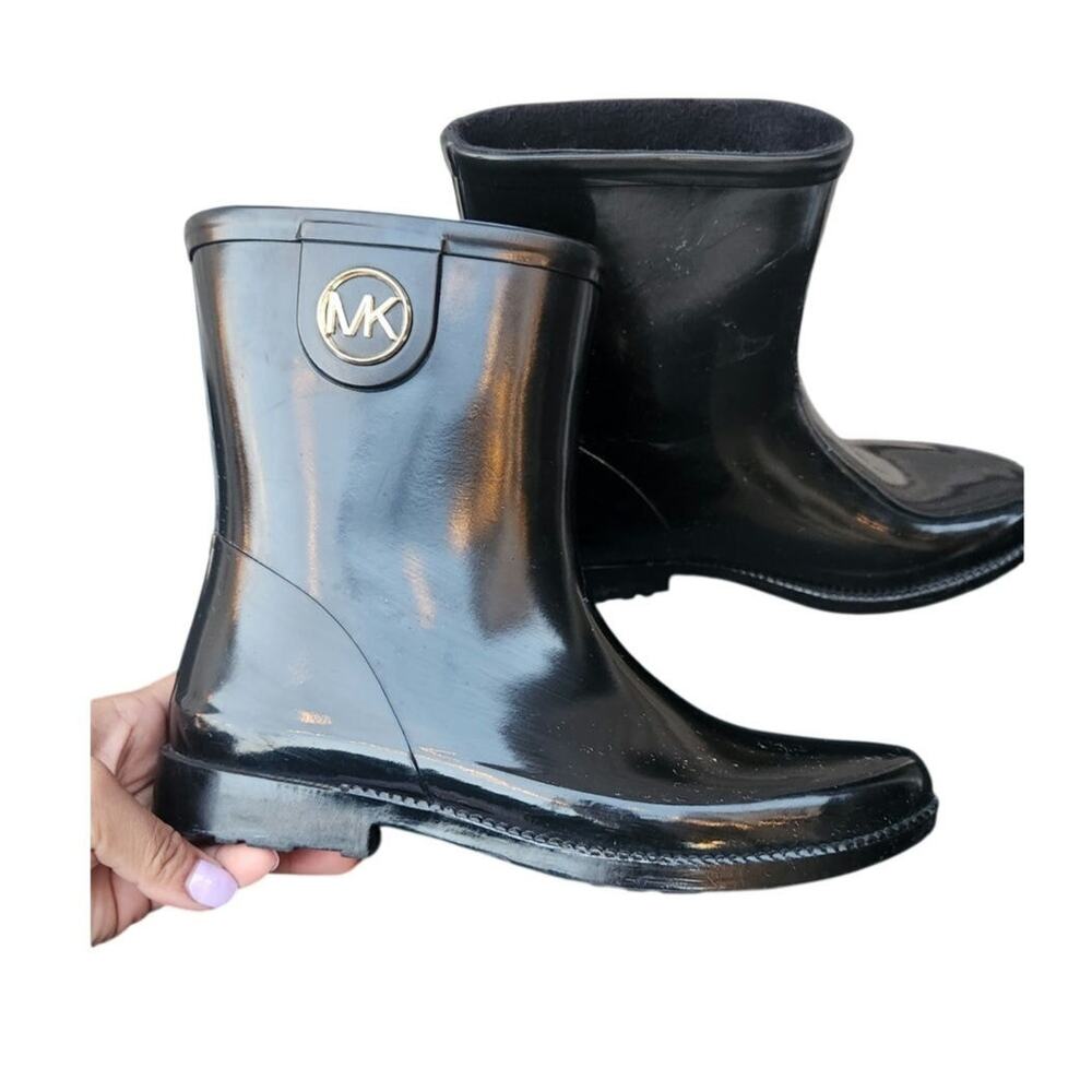 Michael Kors Benji Logo Rain Boots Glossy Black Waterproof Women's Size 8